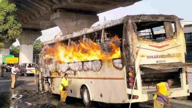 ಟೈಯರ್ ಸ್ಫೋಟ, ಮೈಸೂರು-ಬೆಂಗಳೂರು ಎಕ್ಸ್ಪ್ರೆಸ್ವೇಯಲ್ಲಿ ಬಸ್ಗೆ ಬೆಂಕಿ