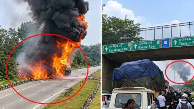 ಬೆಂಗಳೂರು ನೈಸ್ ರಸ್ತೆಯಲ್ಲಿ ಡೀಸೆಲ್ ಟ್ಯಾಂಕರ್ಗೆ ಬೆಂಕಿ, 4 ಕಿ.ಮೀ. ಟ್ರಾಫಿಕ್ ಜಾಮ್