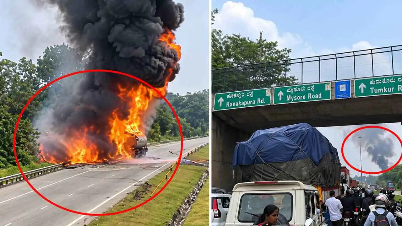 ಬೆಂಗಳೂರು ನೈಸ್ ರಸ್ತೆಯಲ್ಲಿ ಡೀಸೆಲ್ ಟ್ಯಾಂಕರ್ಗೆ ಬೆಂಕಿ, 4 ಕಿ.ಮೀ. ಟ್ರಾಫಿಕ್ ಜಾಮ್